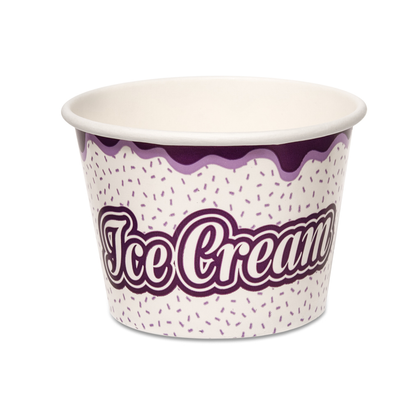 A white paper cup with purple sprinkles and the words "Ice Cream" in bold purple script. The design is playful and evokes a fun, sweet treat.