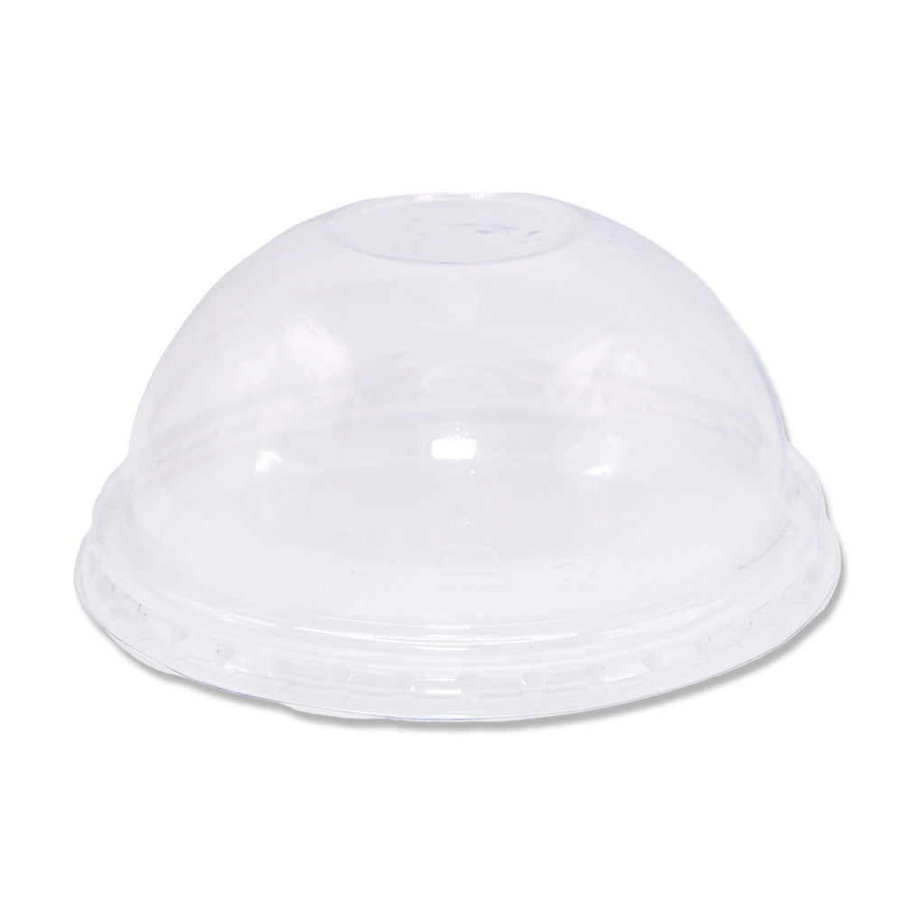 Clear plastic dome lid with a smooth, rounded top and a ridged edge, set against a plain white background. The lid is reflective and shiny.