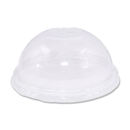 Clear plastic dome lid with a smooth, rounded top and a ridged edge, set against a plain white background. The lid is reflective and shiny.
