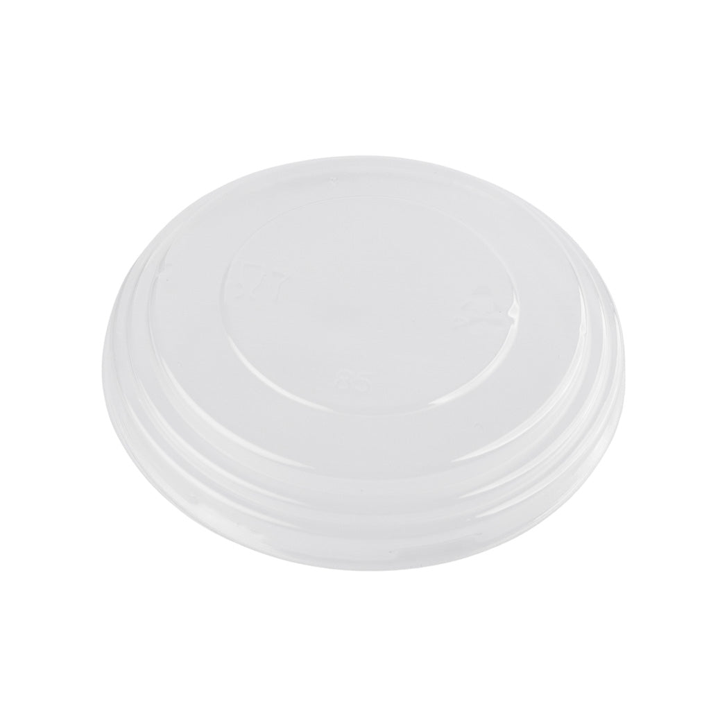 Clear plastic cup lid with a flat, slightly recessed center, and a raised edge, viewed from above on a white background. Simple and utilitarian.