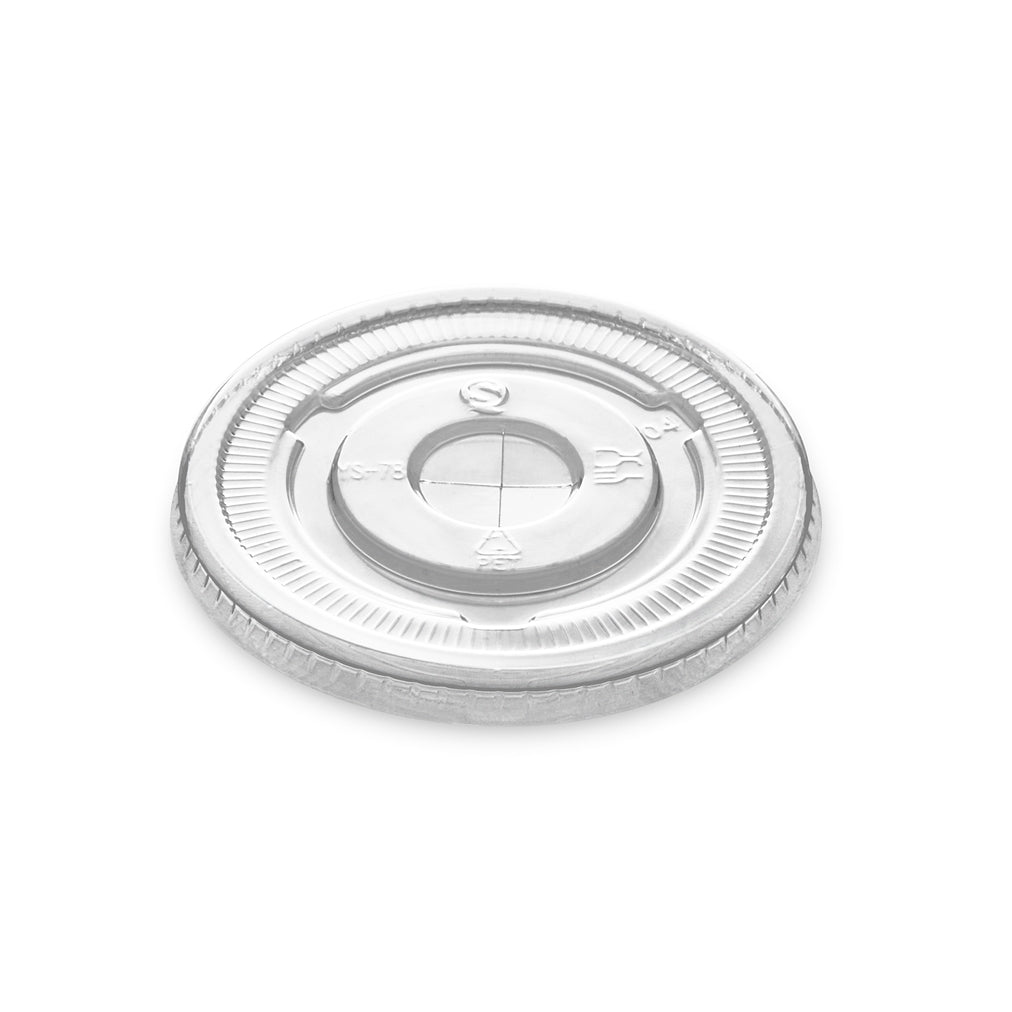 Clear round plastic lid viewed from above, with a ridged outer rim, raised central circle, and embossed recycling markings on a white background.