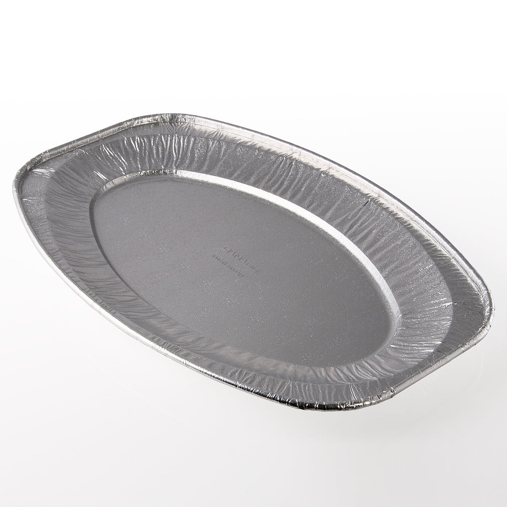 A shiny silver foil oval platter on a white background.