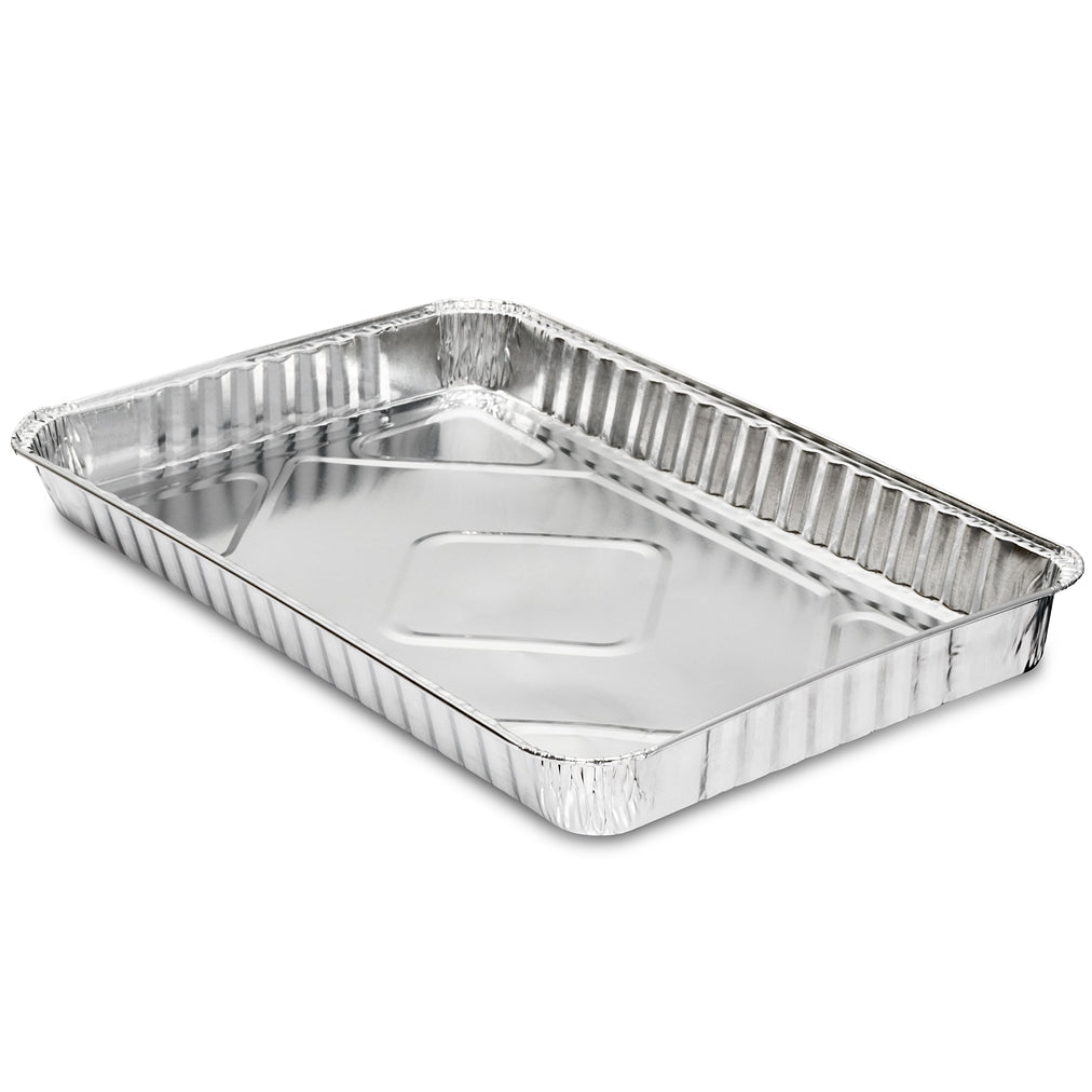 A rectangular aluminum foil baking tray.
