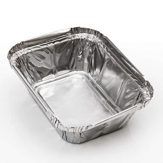 A shiny aluminum foil food container with a rectangular shape.
