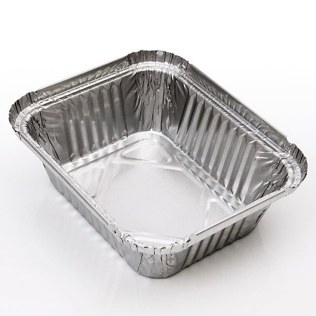 A rectangular aluminum foil baking tray.