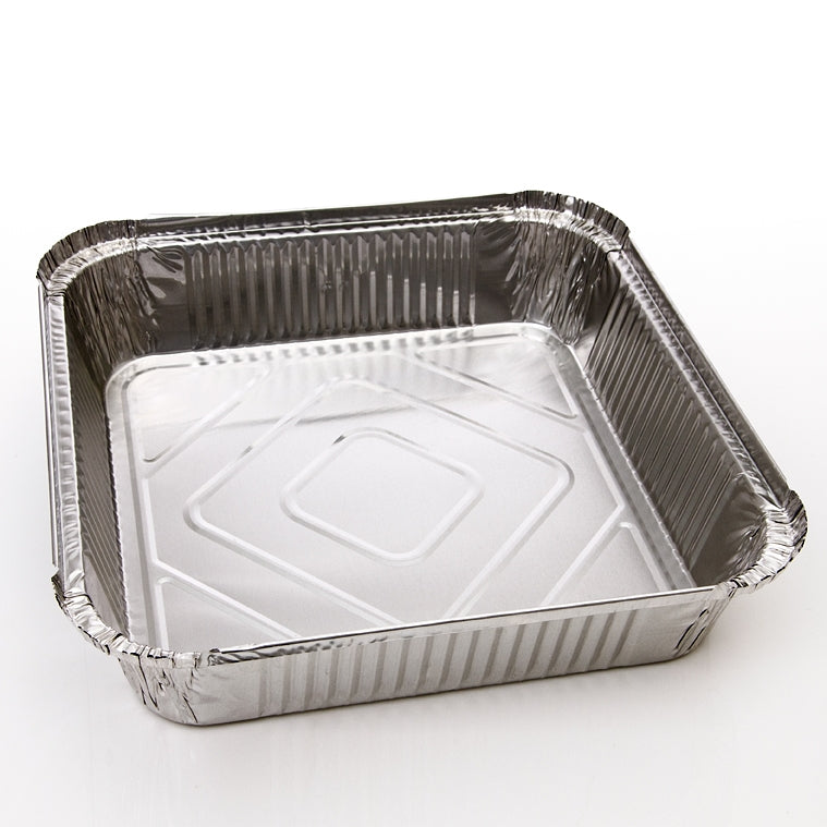 A square aluminum foil baking pan.