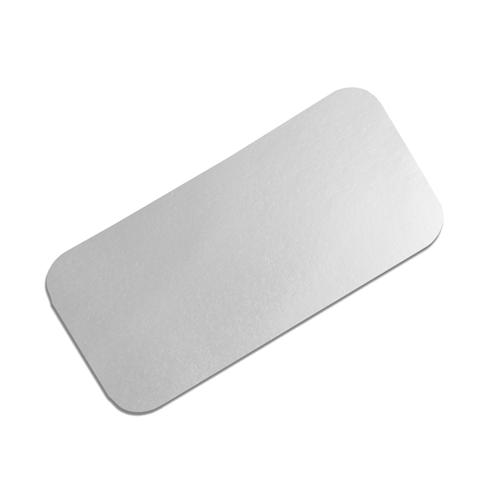 A rectangular, flat piece of silver-colored material with rounded corners.