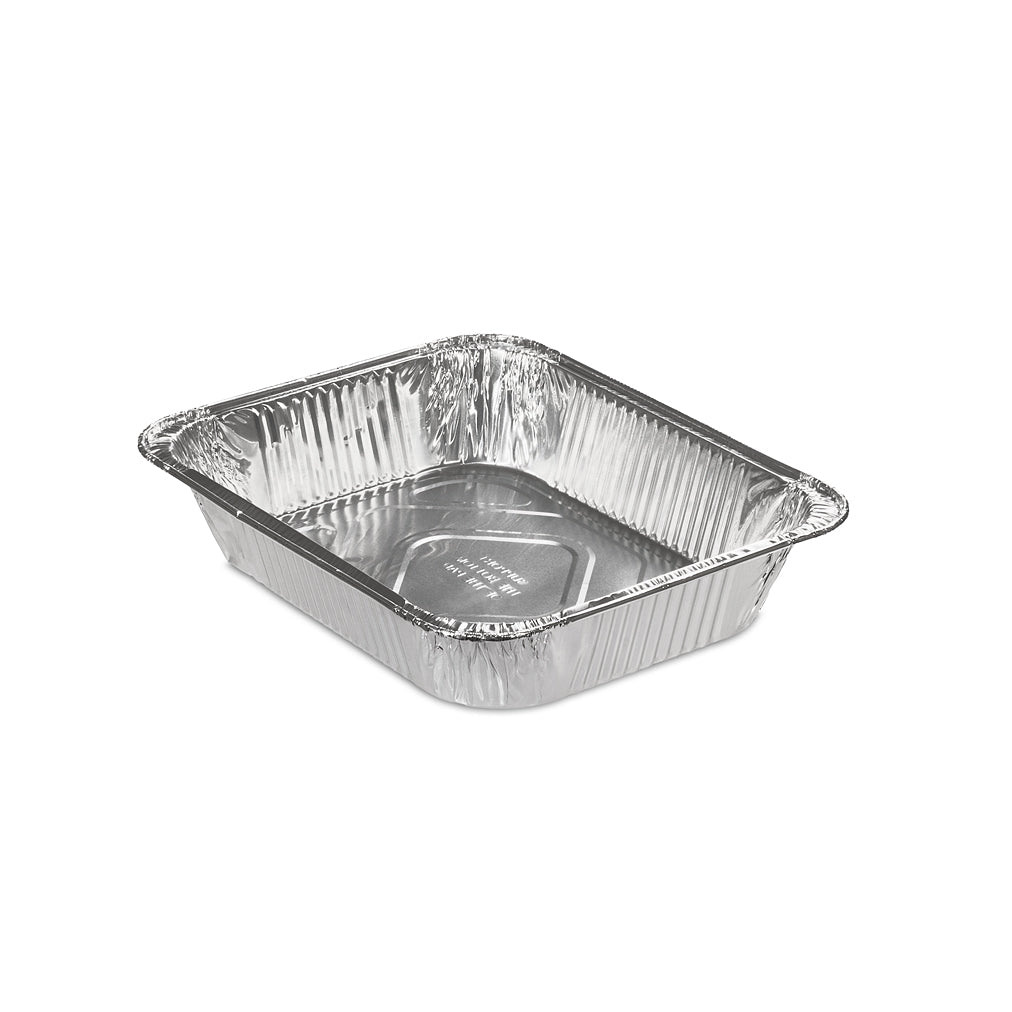A shiny, rectangular aluminum foil roasting pan.