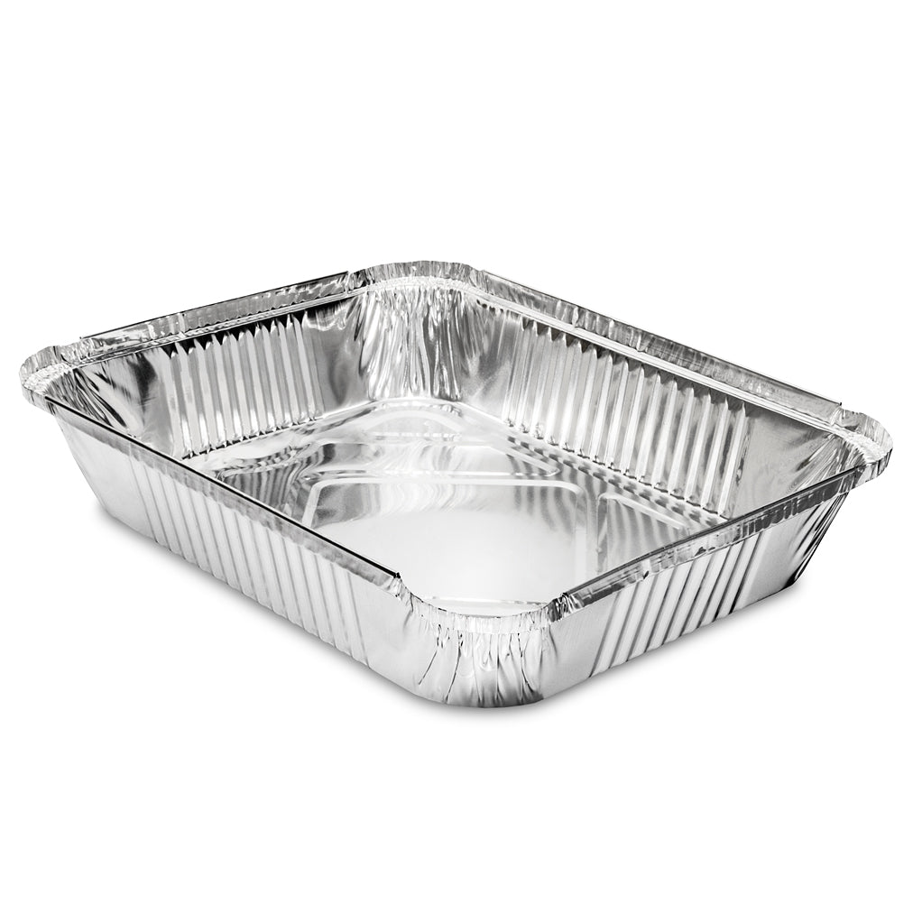 A rectangular aluminum foil baking pan.