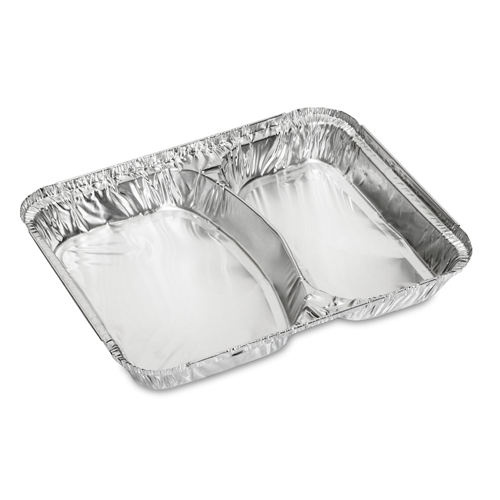 A rectangular aluminum foil pan with two compartments.