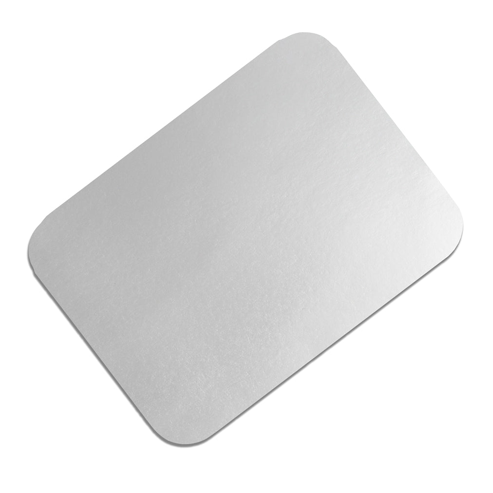 A rectangular metallic lid with rounded corners, displayed at an angle.