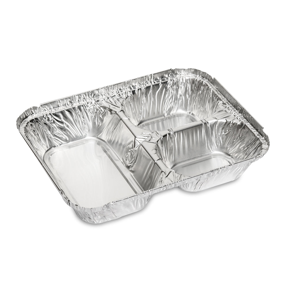 Aluminum food tray with three compartments.