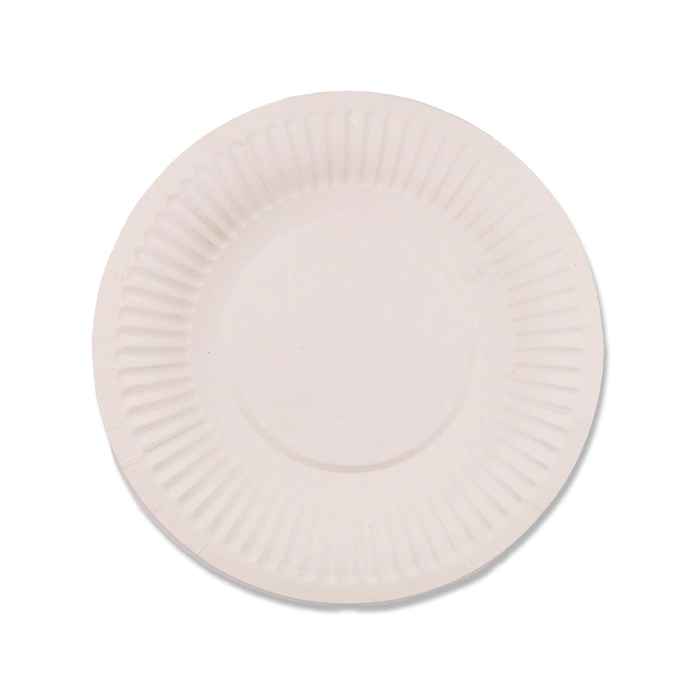 A plain white paper plate.