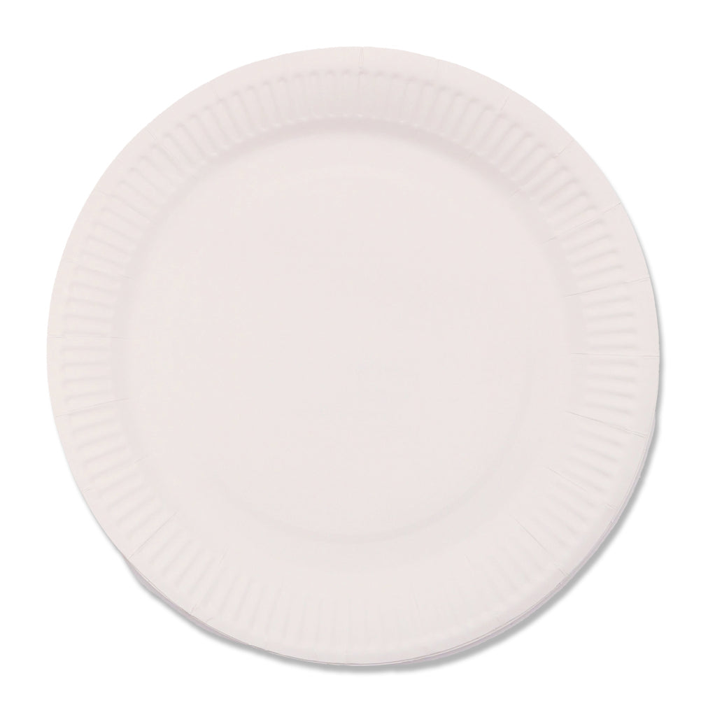 A plain white paper plate.