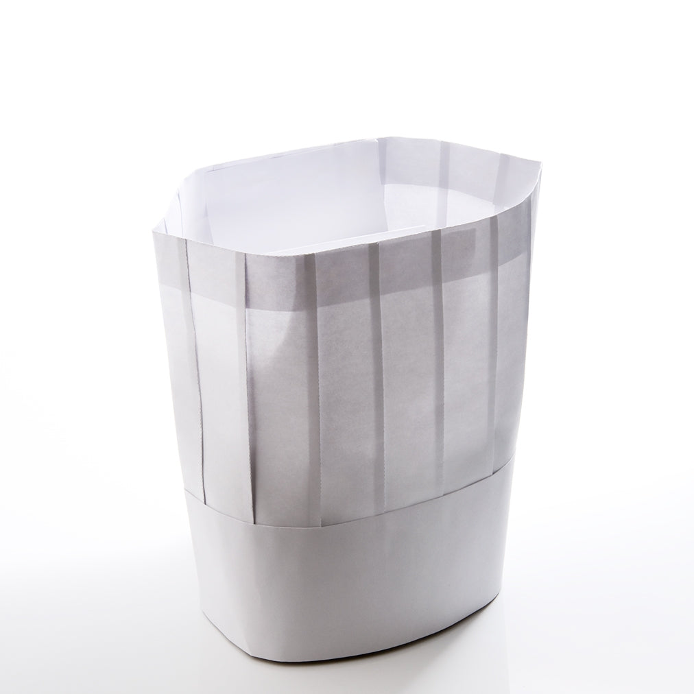 A white, paper-like chef hat with vertical stripes and a tapered shape.