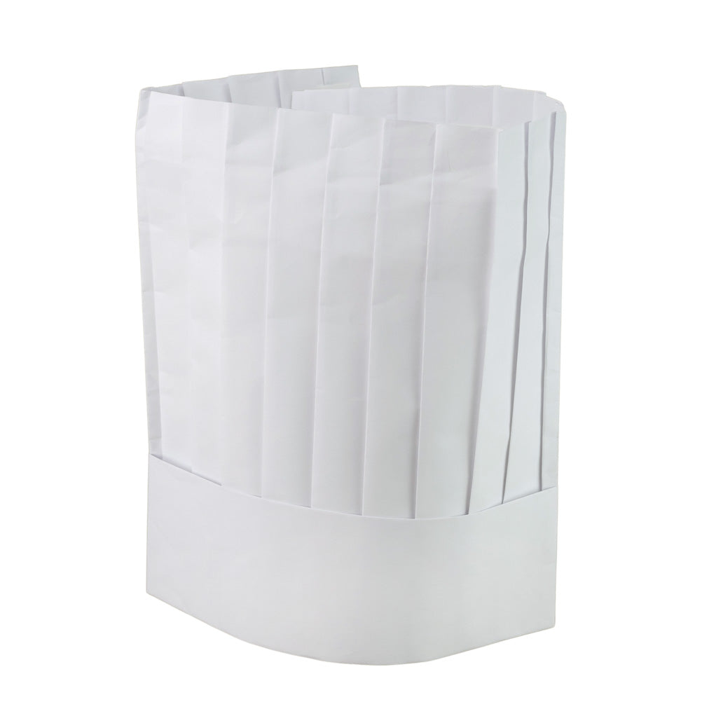 White pleated chef hat with a tall, folded crown and smooth band, isolated against a plain background; conveys cleanliness and professionalism.