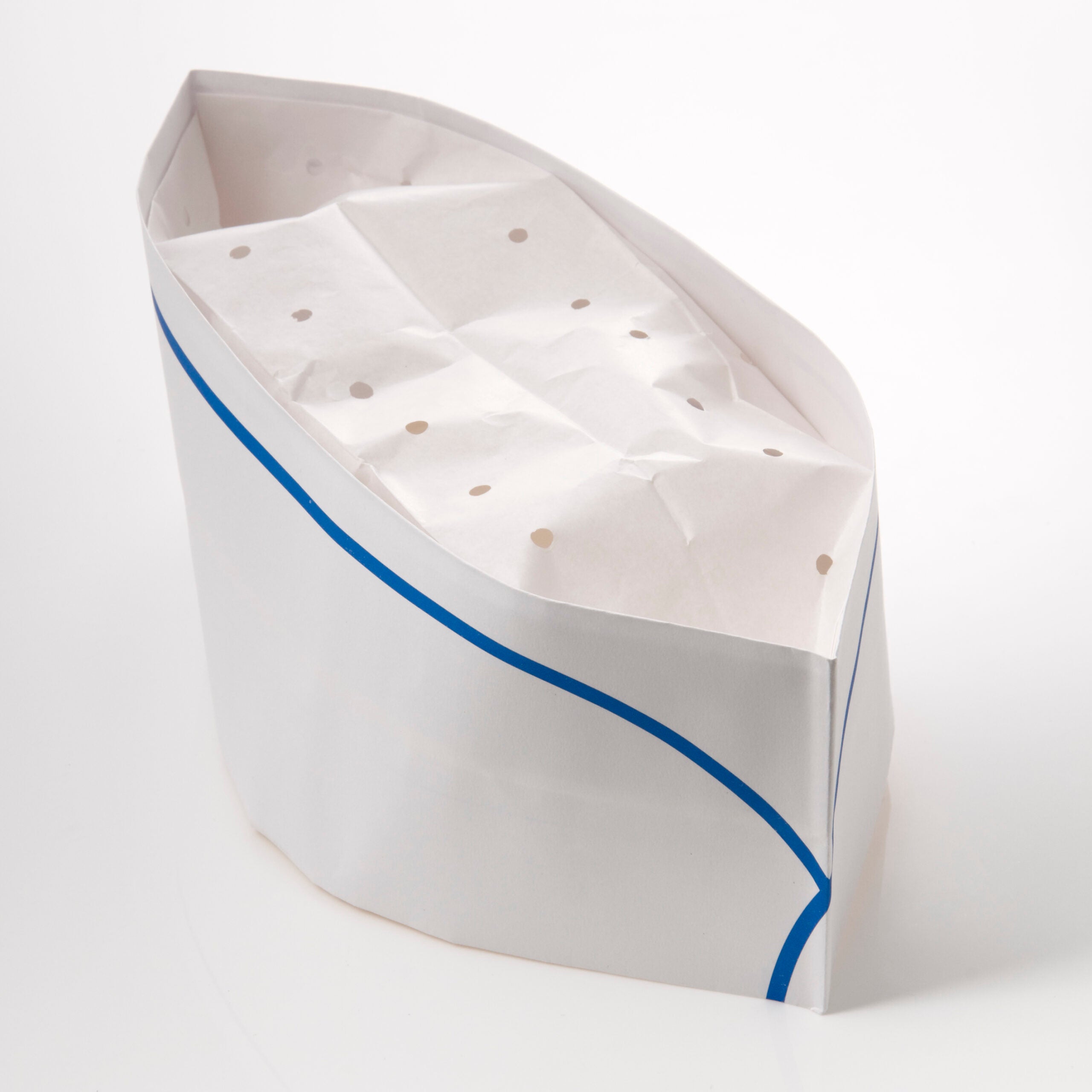 White paper boat-shaped forage hat with a curved blue stripe, lined with crumpled tissue dotted by small brown marks on a plain background.