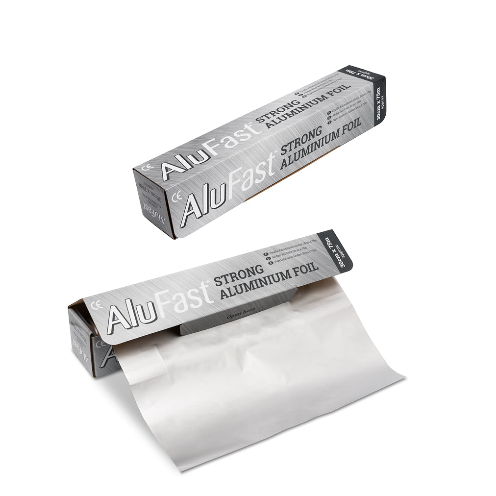 Two boxes of AluFast Strong aluminum foil, one closed and one dispensing a shiny sheet, isolated on white; practical product presentation.