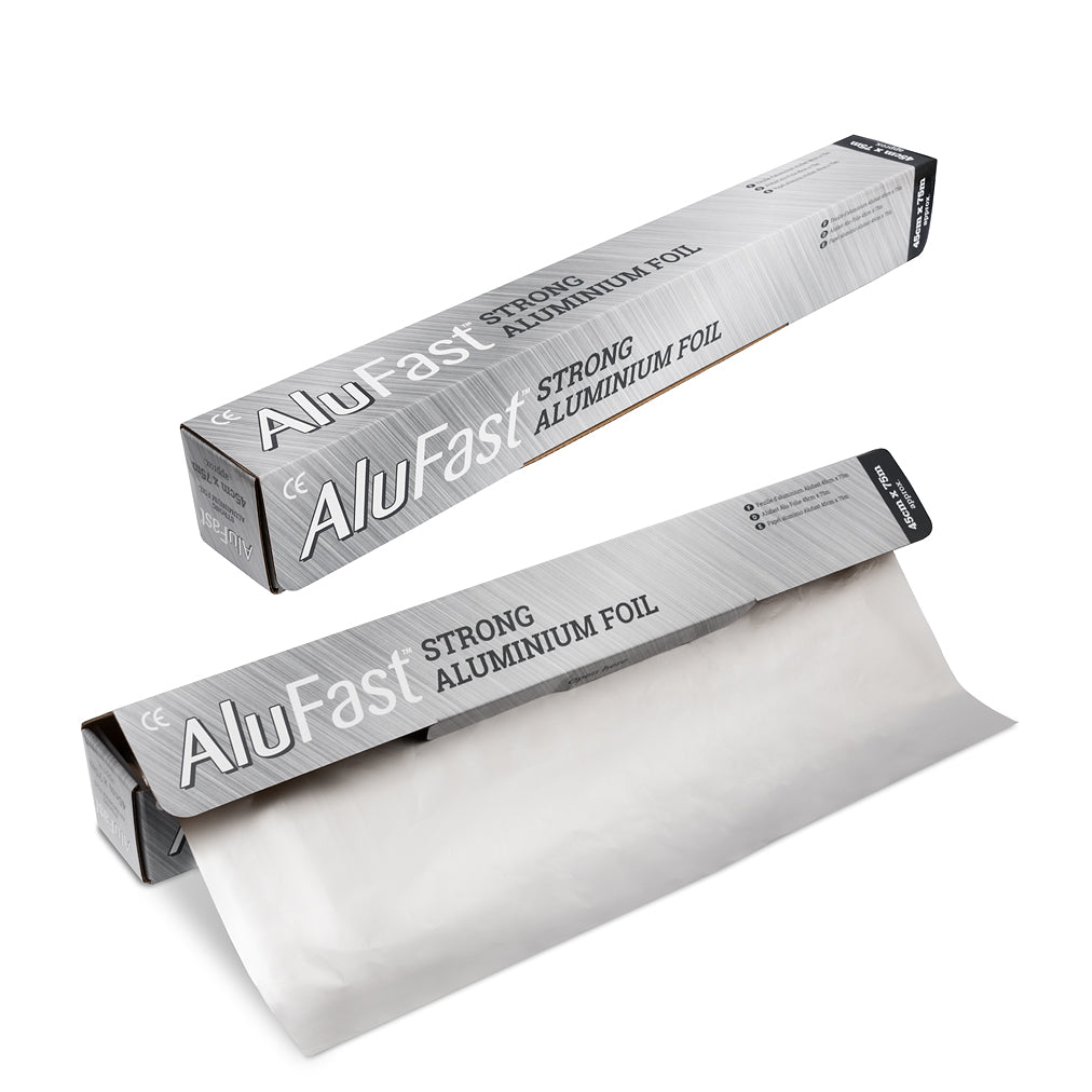 Product photo of two AluFast Strong Aluminum Foil boxes, one unopened and one dispensing a shiny foil sheet, on a white background.
