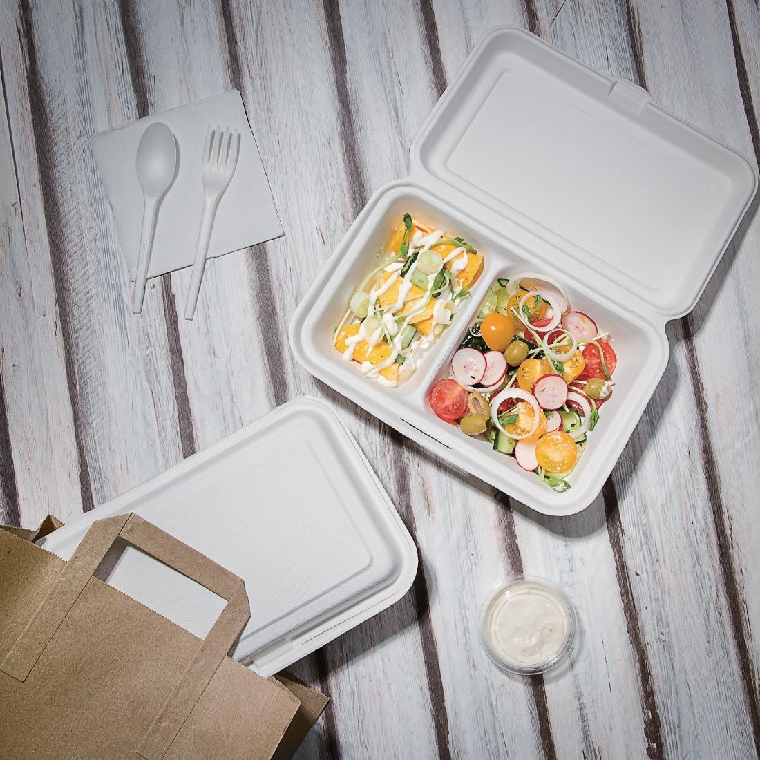 Fiesta Compostable Bagasse Hinged 2-Compartment Food Containers 253mm (200 Pack)