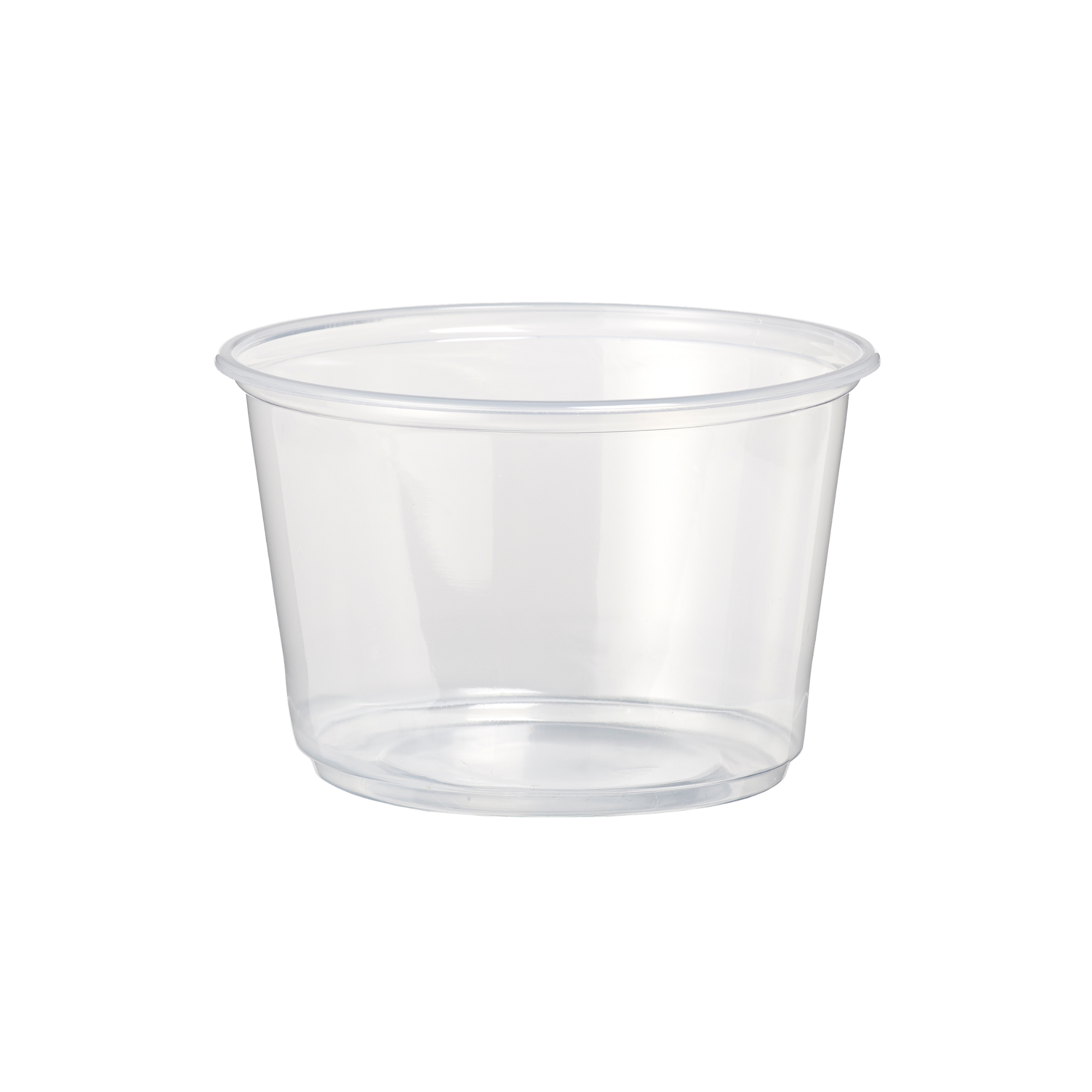 A clear plastic cup with a rounded edge, sitting upright on a flat surface.