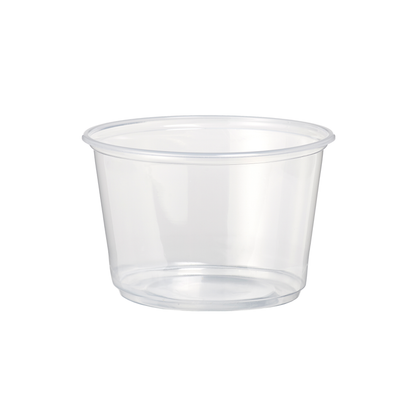 A clear plastic cup with a rounded edge, sitting upright on a flat surface.