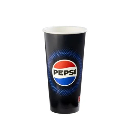 A tall black Pepsi paper cup with a white rim and red, white, and blue logo, shown alone against a plain white background.