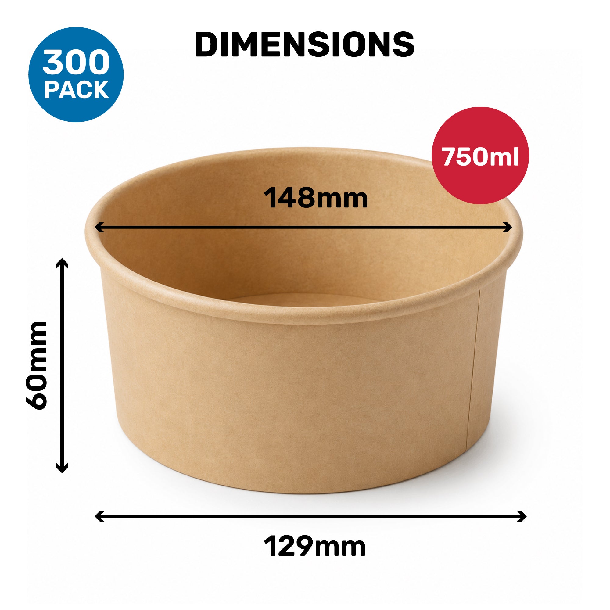 Brown paper cup with dimensions and capacity information on a white background