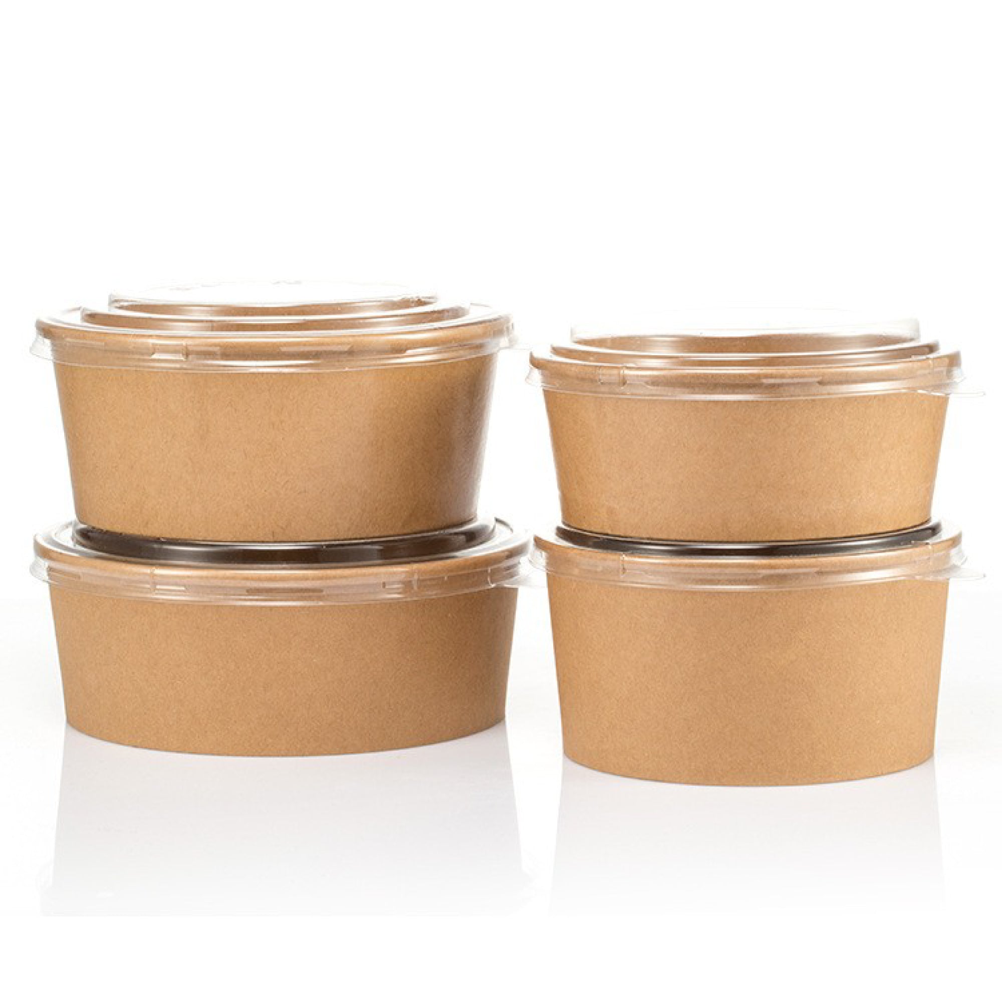 Four brown paper food containers with clear lids on a white background