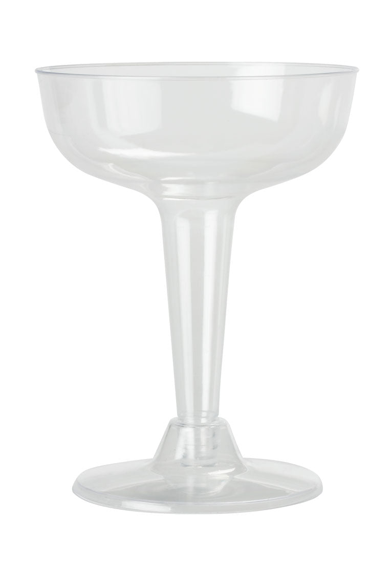 A clear plastic cocktail glass with a wide bowl and a sturdy stem.