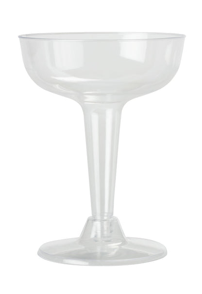 A clear plastic cocktail glass with a wide bowl and a sturdy stem.