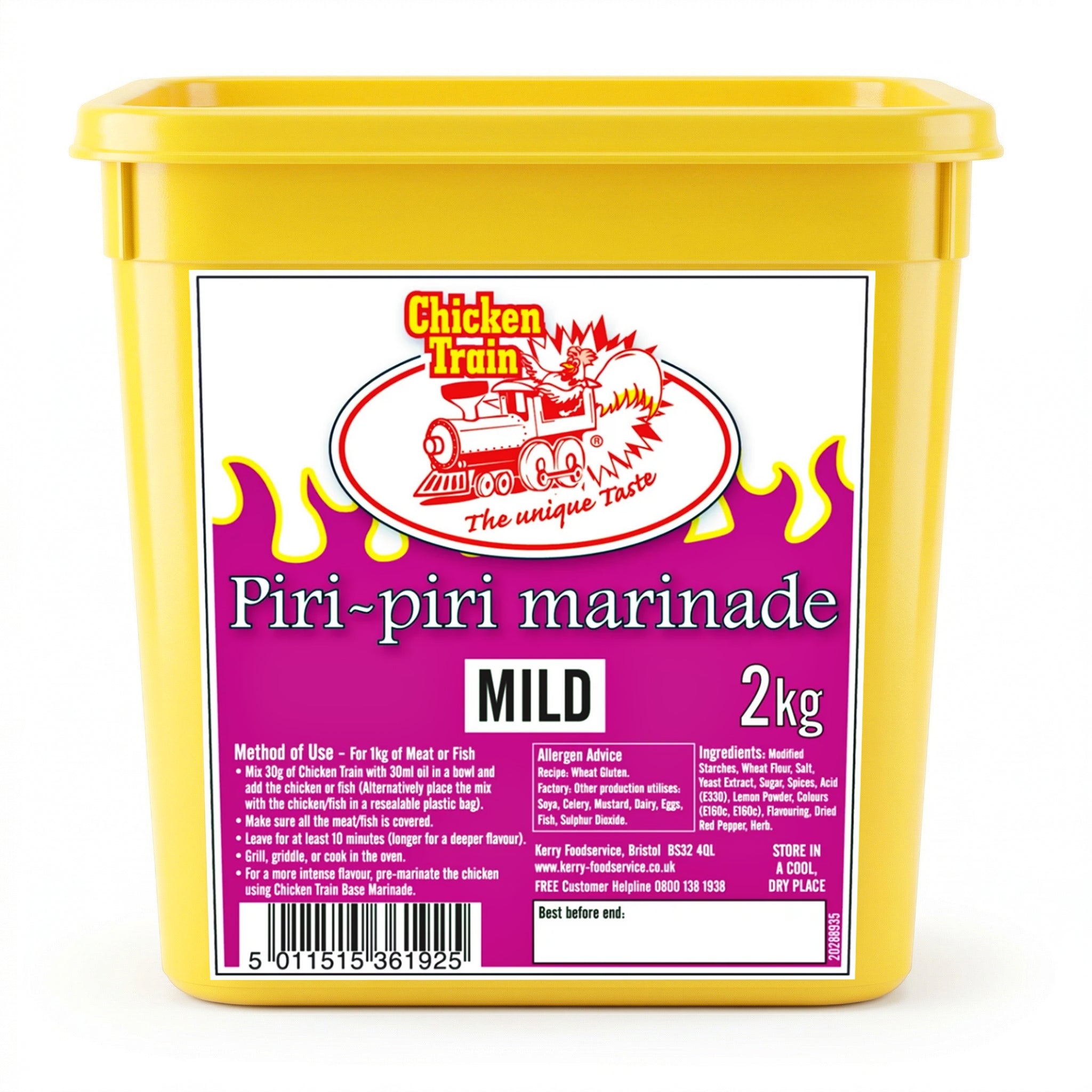 2kg yellow plastic tub of Chicken Train Piri-Piri Marinade (Mild) with a purple flame design label, Chicken Train logo featuring a chicken on a train, usage instructions, ingredients panel, barcode, and “Best Before” box on the front.