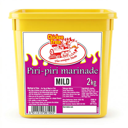 2kg yellow plastic tub of Chicken Train Piri-Piri Marinade (Mild) with a purple flame design label, Chicken Train logo featuring a chicken on a train, usage instructions, ingredients panel, barcode, and “Best Before” box on the front.