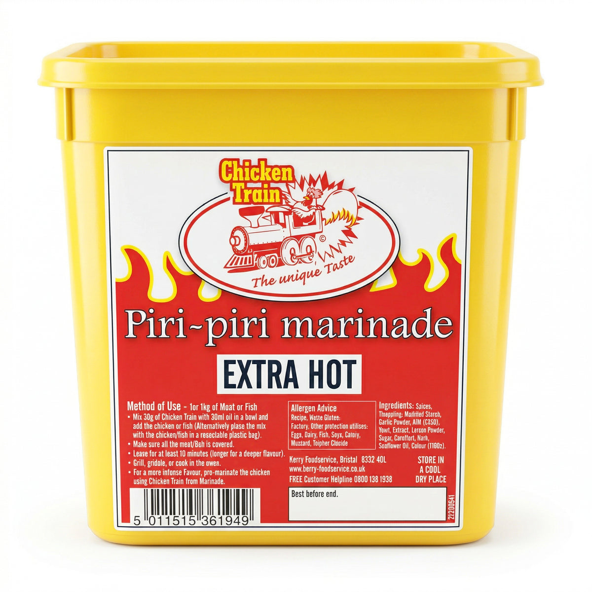 2kg yellow plastic tub of Chicken Train Piri-Piri Marinade (Extra Hot) with a red flame design label, Chicken Train logo featuring a chicken on a train, bold “EXTRA HOT” text, ingredients and usage instructions, barcode, and Best Before box on the front.