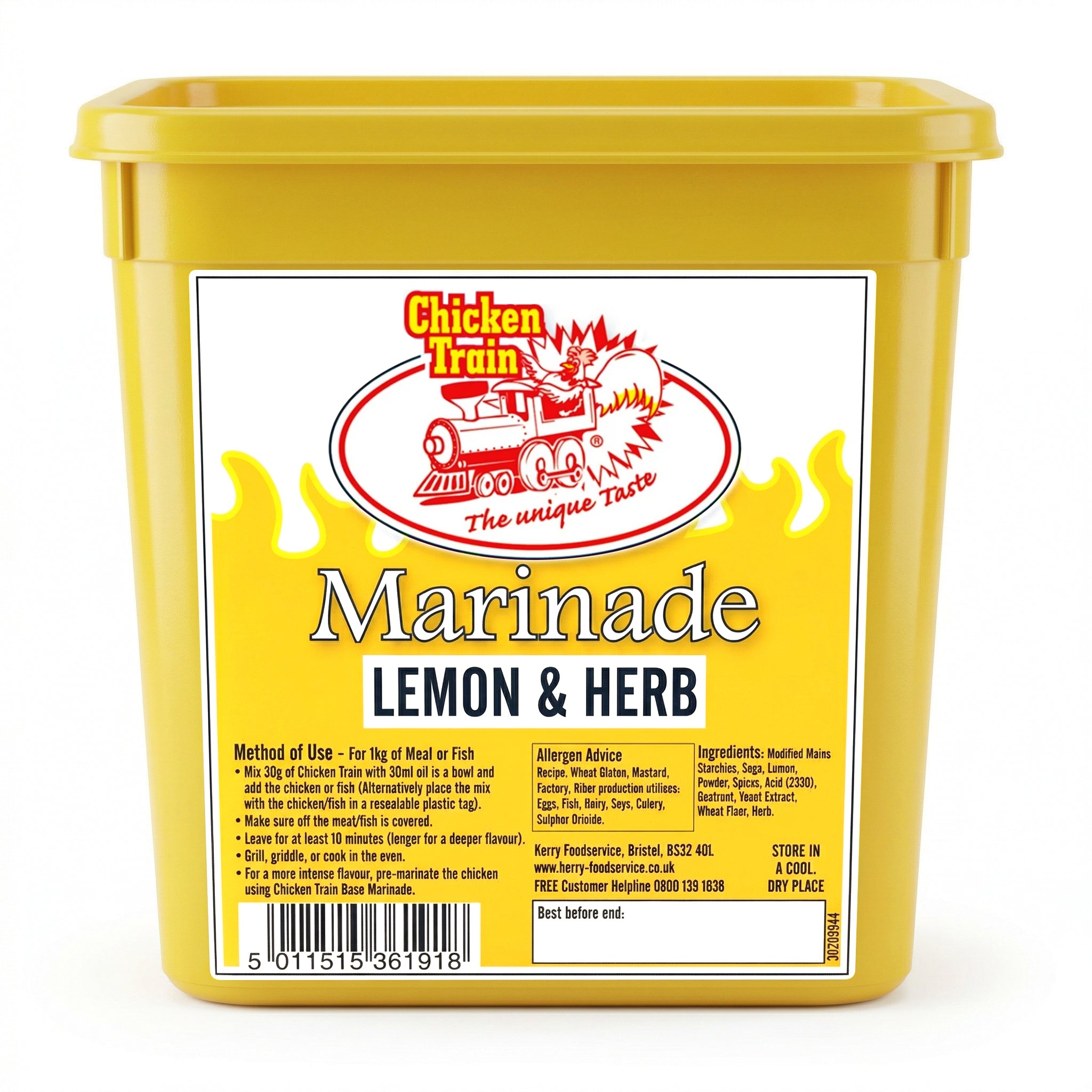 2kg yellow plastic tub of Chicken Train Lemon & Herb Marinade with flame design label, Chicken Train logo featuring a chicken on a train, bold “Marinade Lemon & Herb” text, ingredients and usage instructions, barcode, and Best Before box on the front.