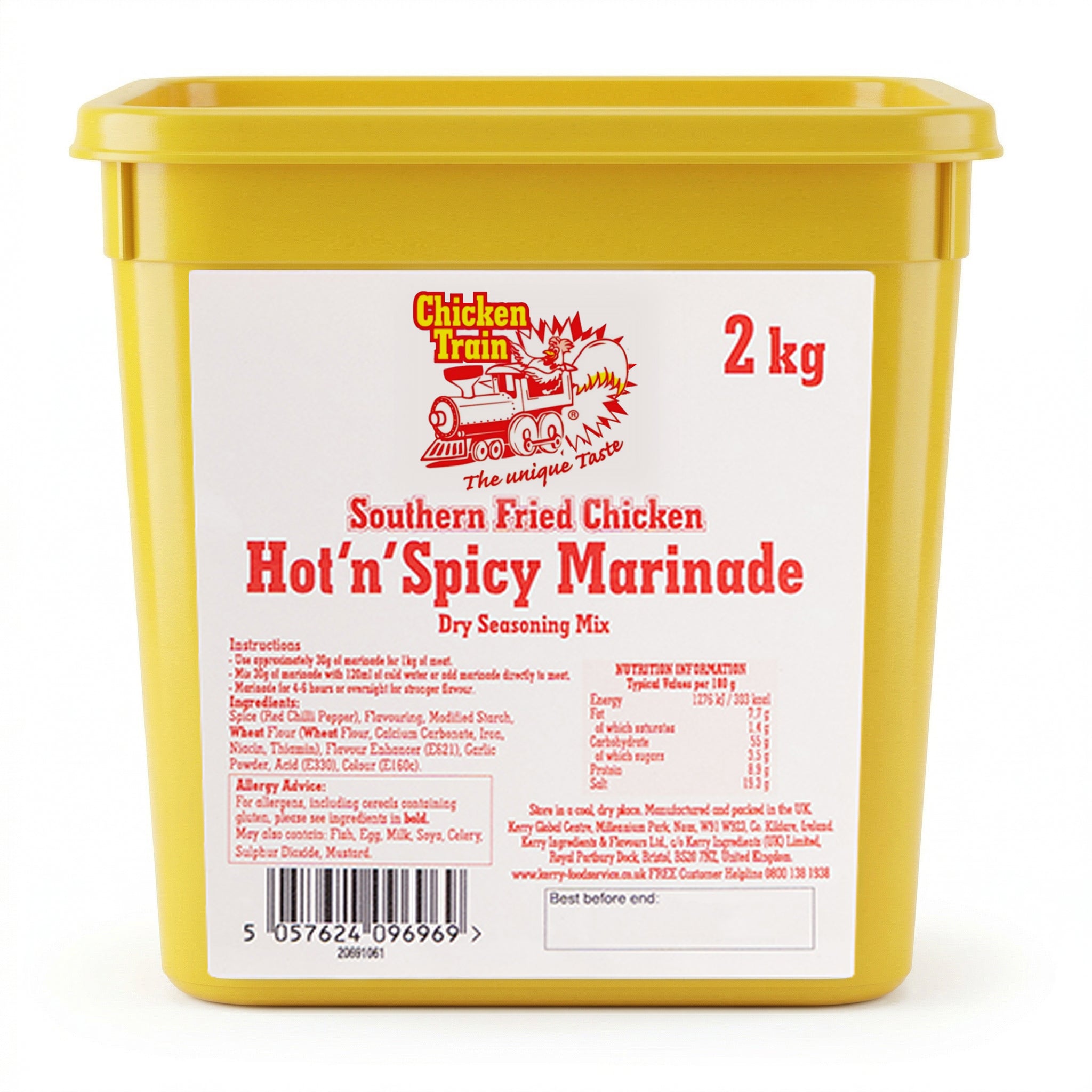 Large yellow 2 kg tub of Chicken Train Southern Fried Chicken Hot'n'Spicy Marinade dry seasoning mix.