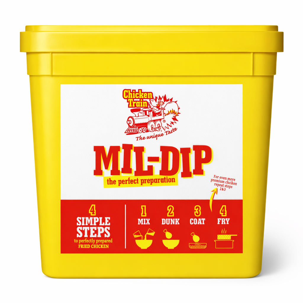 Large yellow plastic container for "MIL-DIP" breading mix featuring the Chicken Train logo and four illustrated steps: Mix, Dunk, Coat, Fry.