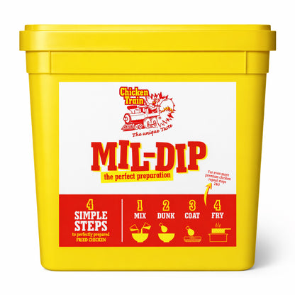 Large yellow plastic container for "MIL-DIP" breading mix featuring the Chicken Train logo and four illustrated steps: Mix, Dunk, Coat, Fry.