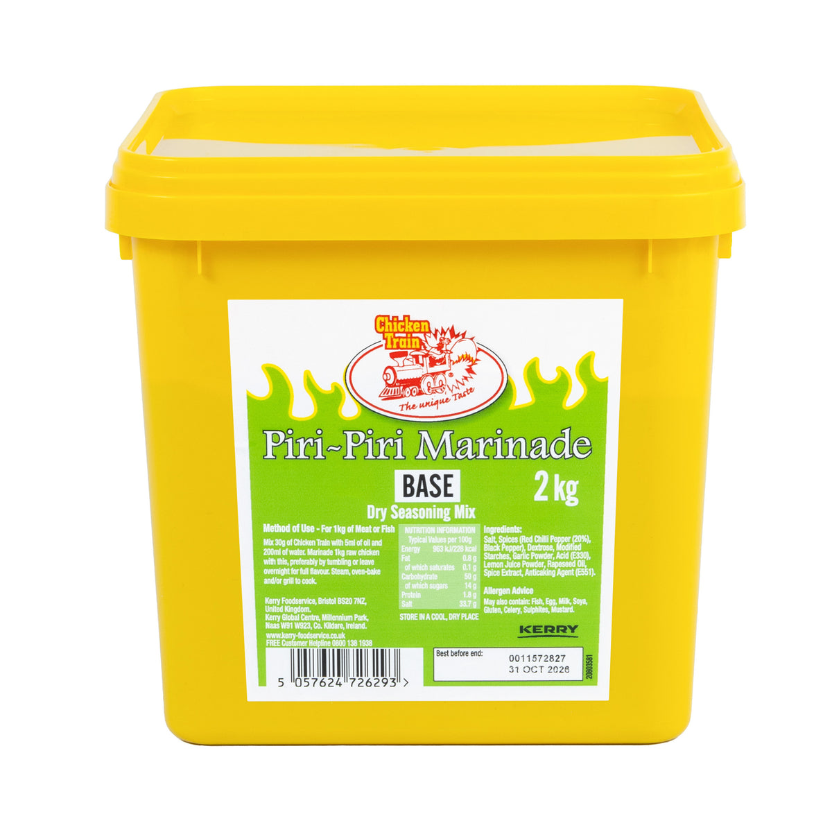Yellow plastic tub of Piri-Piri Marinade Base, 2kg. Label features fiery green design and text detailing it as a dry seasoning mix for meat or fish.