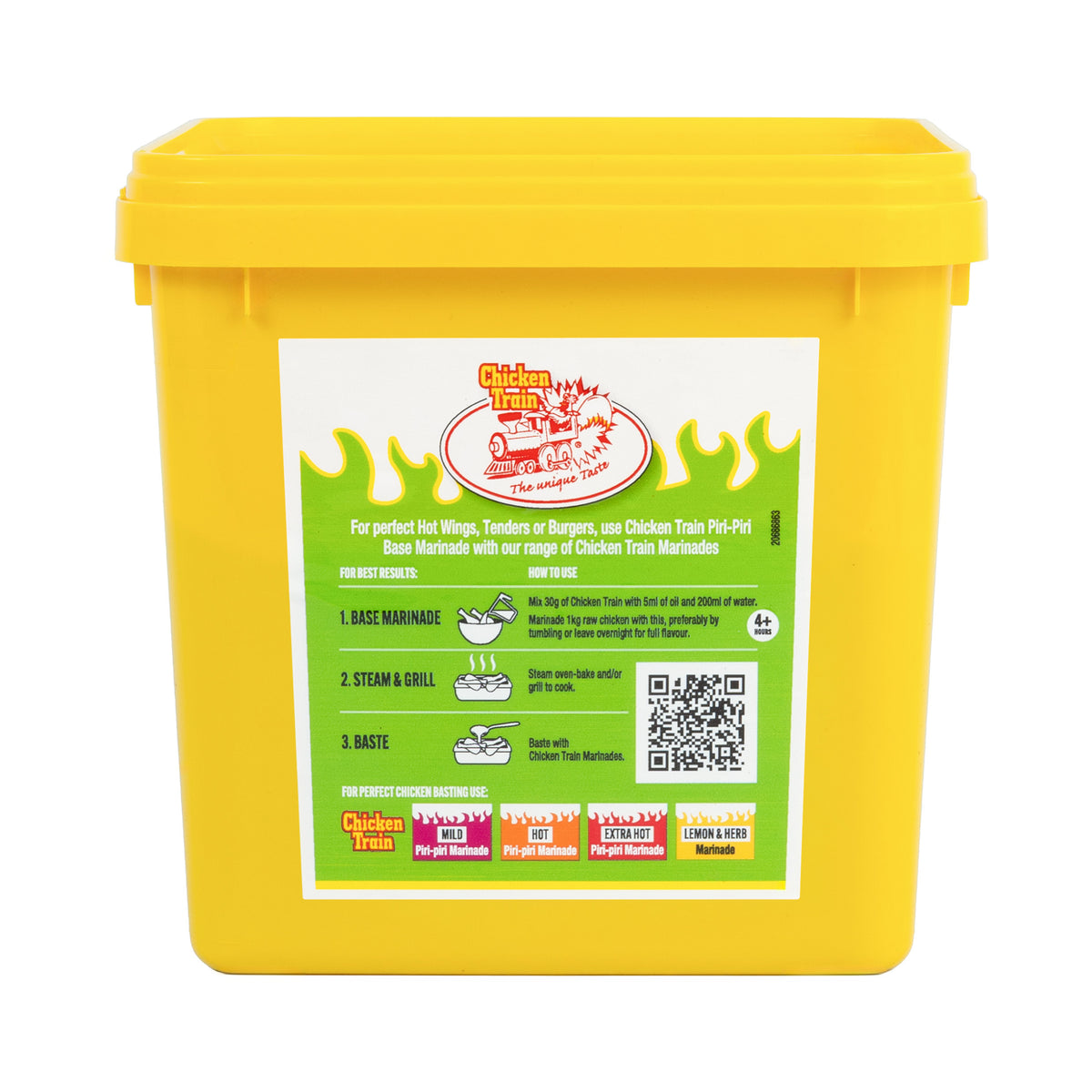 Yellow container with a colorful label featuring cooking instructions for Chicken Train marinades, including steps for marinade, steaming, and grilling.