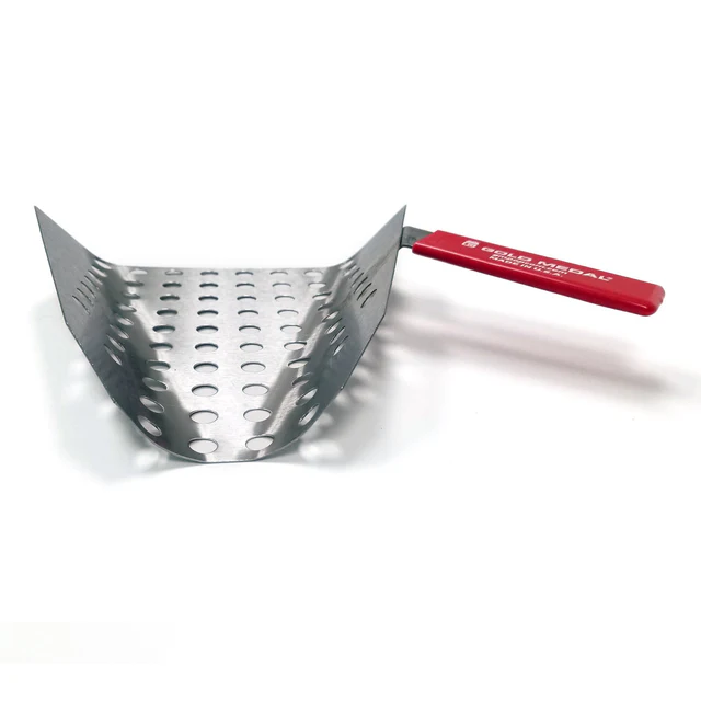 Wide, perforated metal scoop with a curved shape and a red handle, designed for popcorn, set against a plain white background.