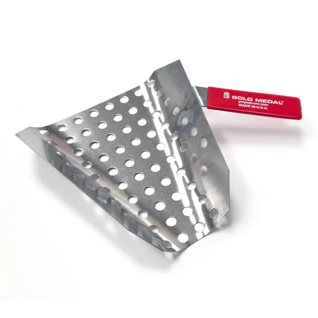 A metal popcorn scoop with a perforated design and a red handle labeled "Gold Medal." The stainless steel surface is reflective and angled.