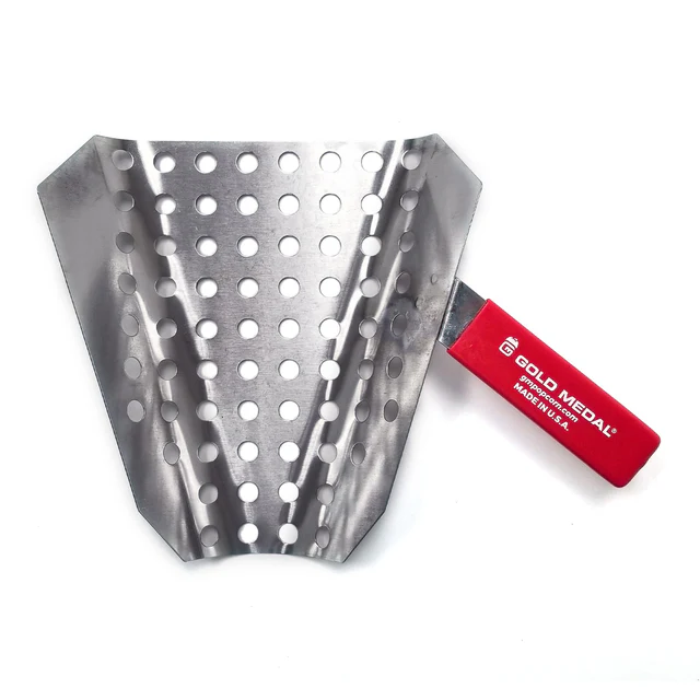 Metal popcorn scoop with perforated holes and a bright red handle labeled "Gold Medal." The scoop is spread wide with a triangular shape.