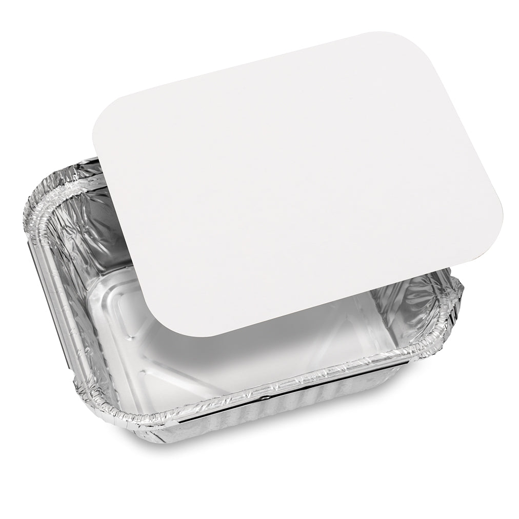 Disposable aluminum foil food tray with a blank white rounded lid, shown at an angle on a white background; clean, practical packaging.