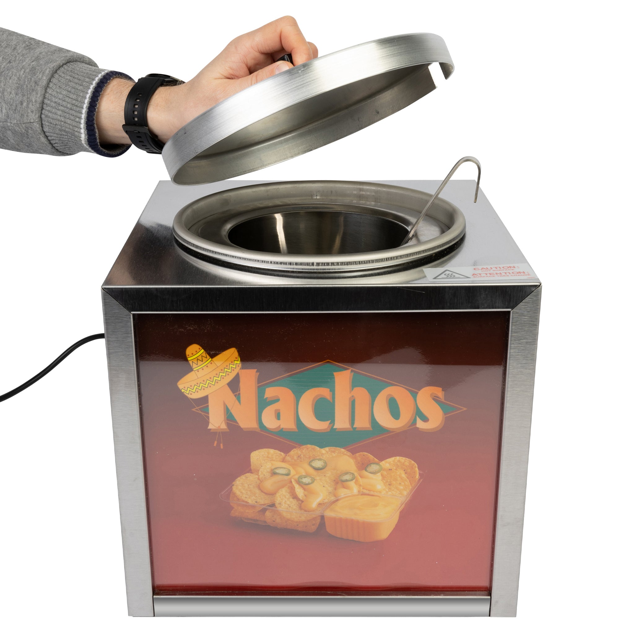 Gold Medal 2365LS Nacho Cheese Dipper-Style 4 qt Capacity 8 1/2 Wide  Stainless Steel Warmer With Lighted Sign And Dipper, 120V 300 Watts