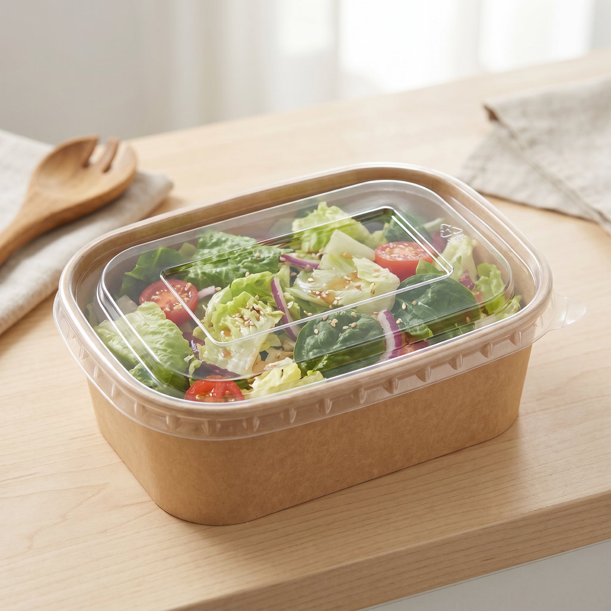 Salad in a kraft brown container on a wooden table with a wooden spoon and cloth napkin.