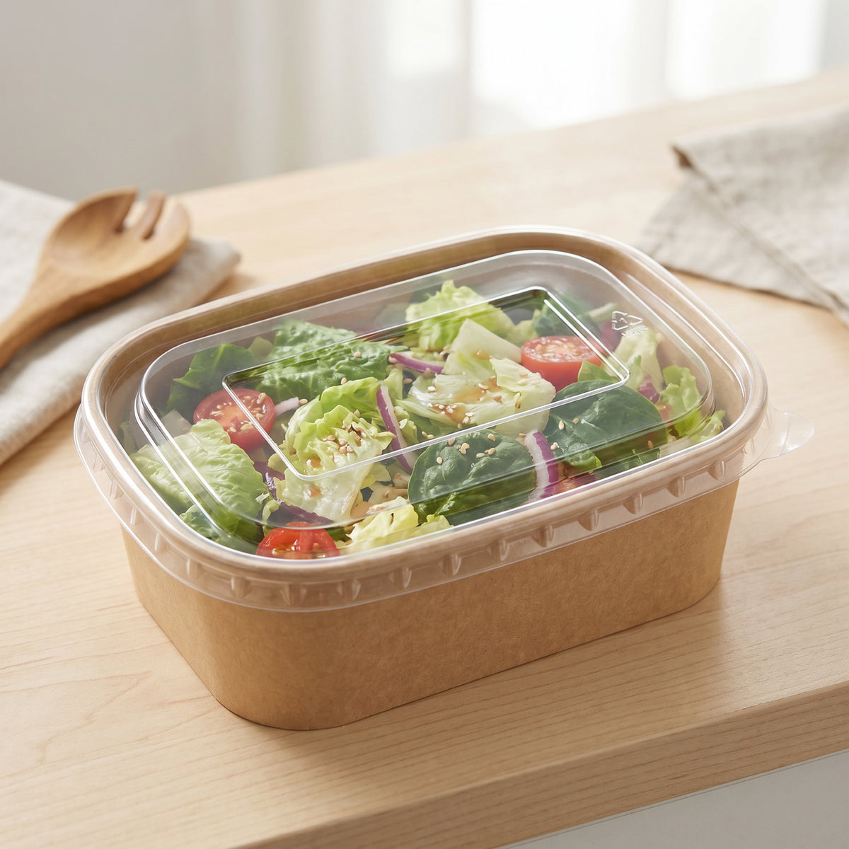 Salad in a kraft brown container on a wooden table with a wooden spoon and cloth napkin.