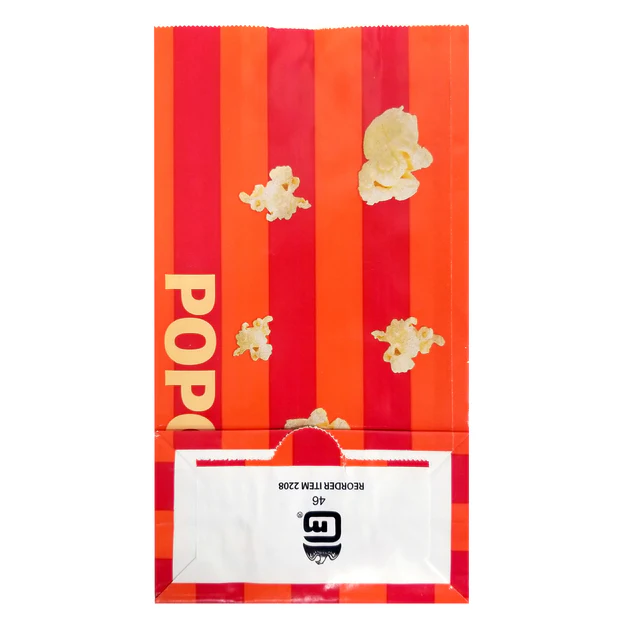 Back view of a red and orange striped popcorn bag showing popcorn illustrations and a white label area near the bottom.