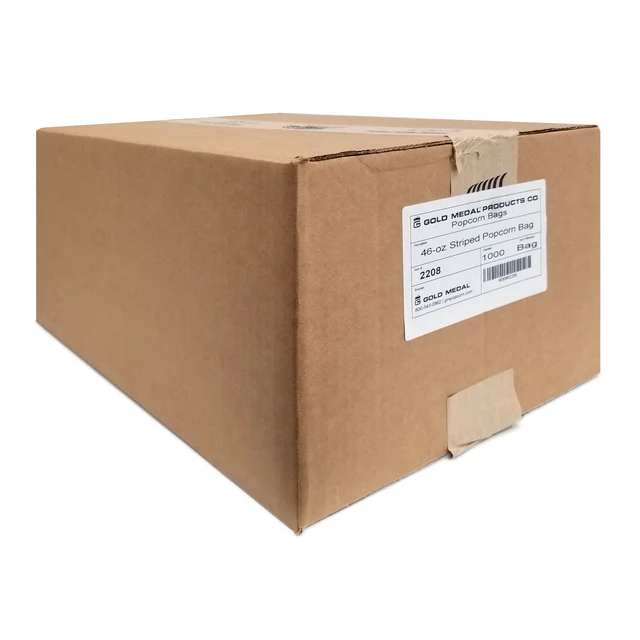 Large cardboard box labeled "Gold Medal Products Co" contains 1,000 striped popcorn bags. Box is sealed with tape, suggesting new, bulk shipment.