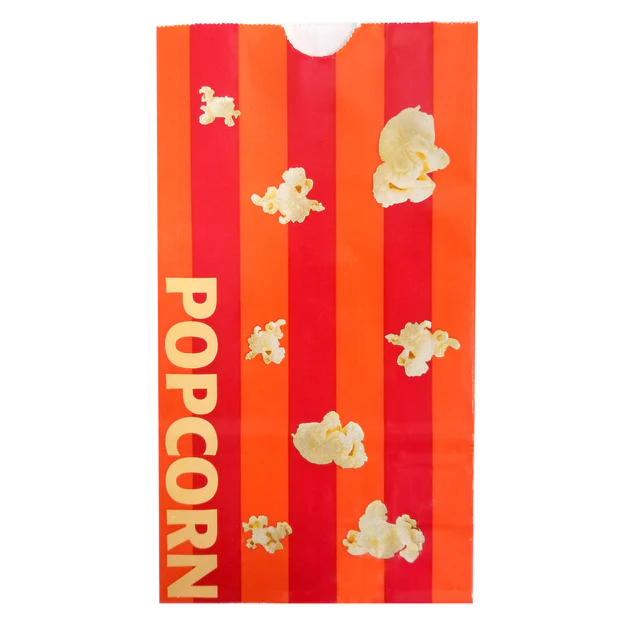 Front view of a red and orange striped popcorn bag with popcorn illustrations and vertical “POPCORN” text.